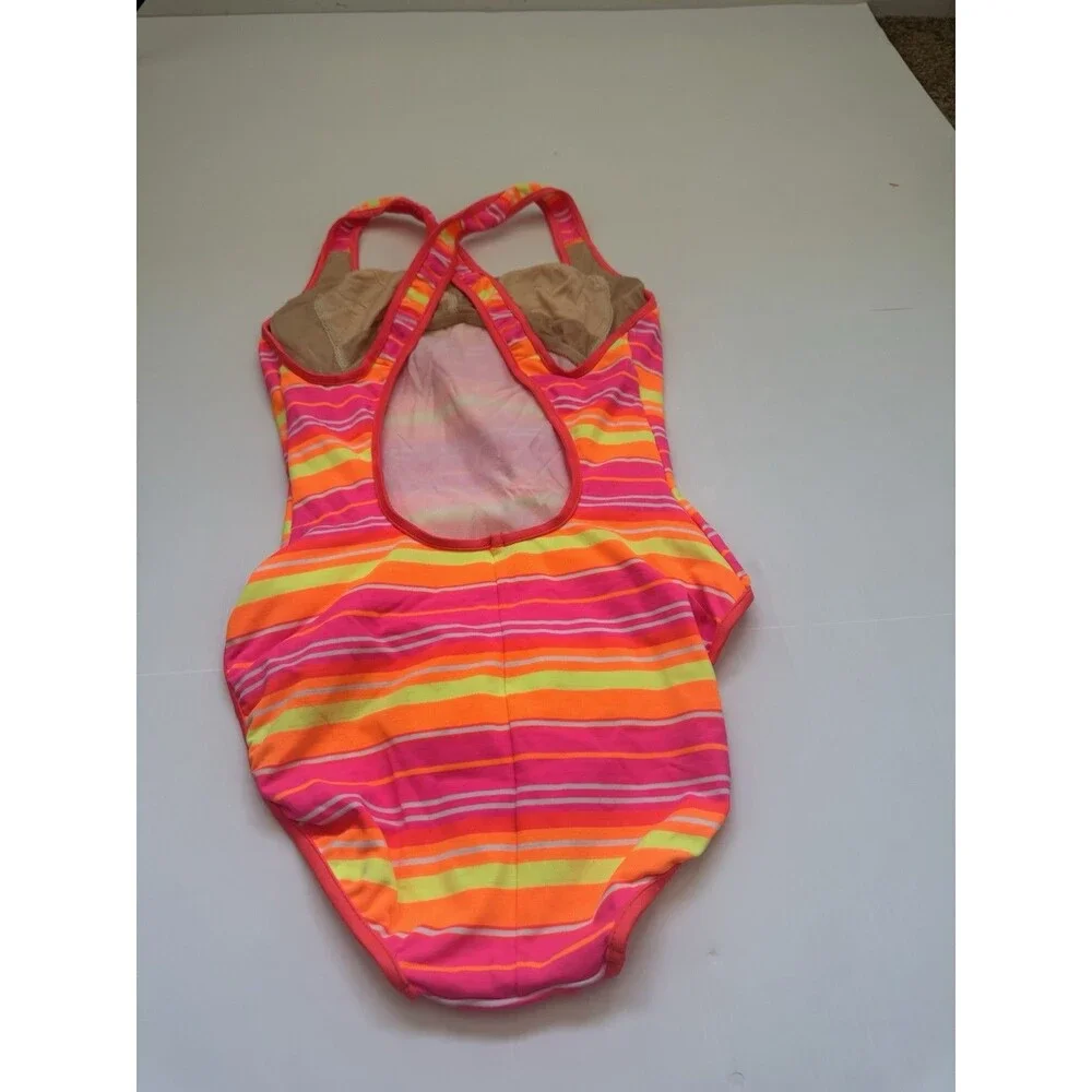Willow Sport Girls One Piece Swimsuit Neon Pink Orange Stripe Size 10